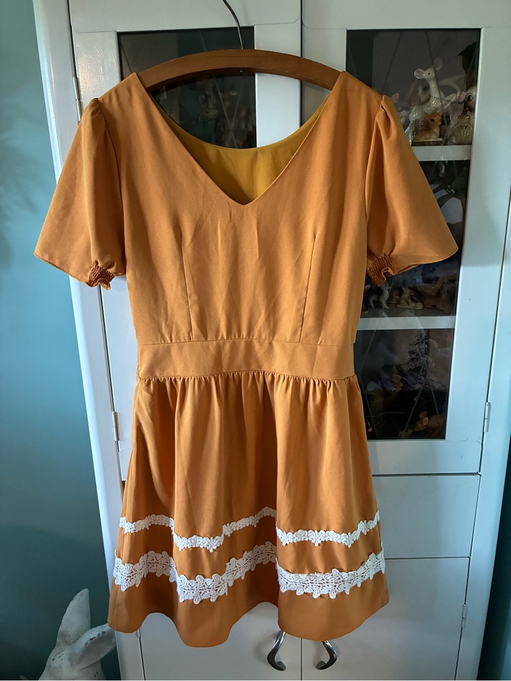 Miss Patina London sz 10 Yellow Short Sleeve Fit & Flare Dress with Lace Trim